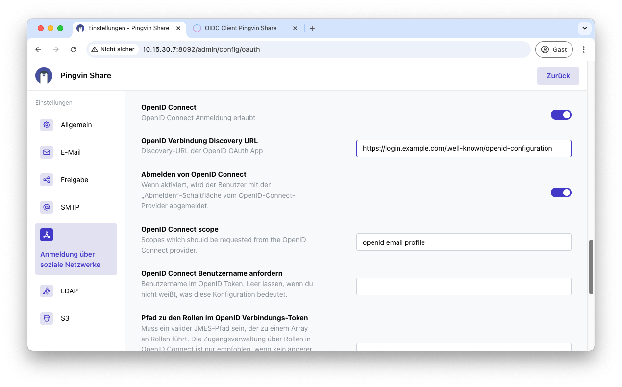OIDC Discovery URL eingeben