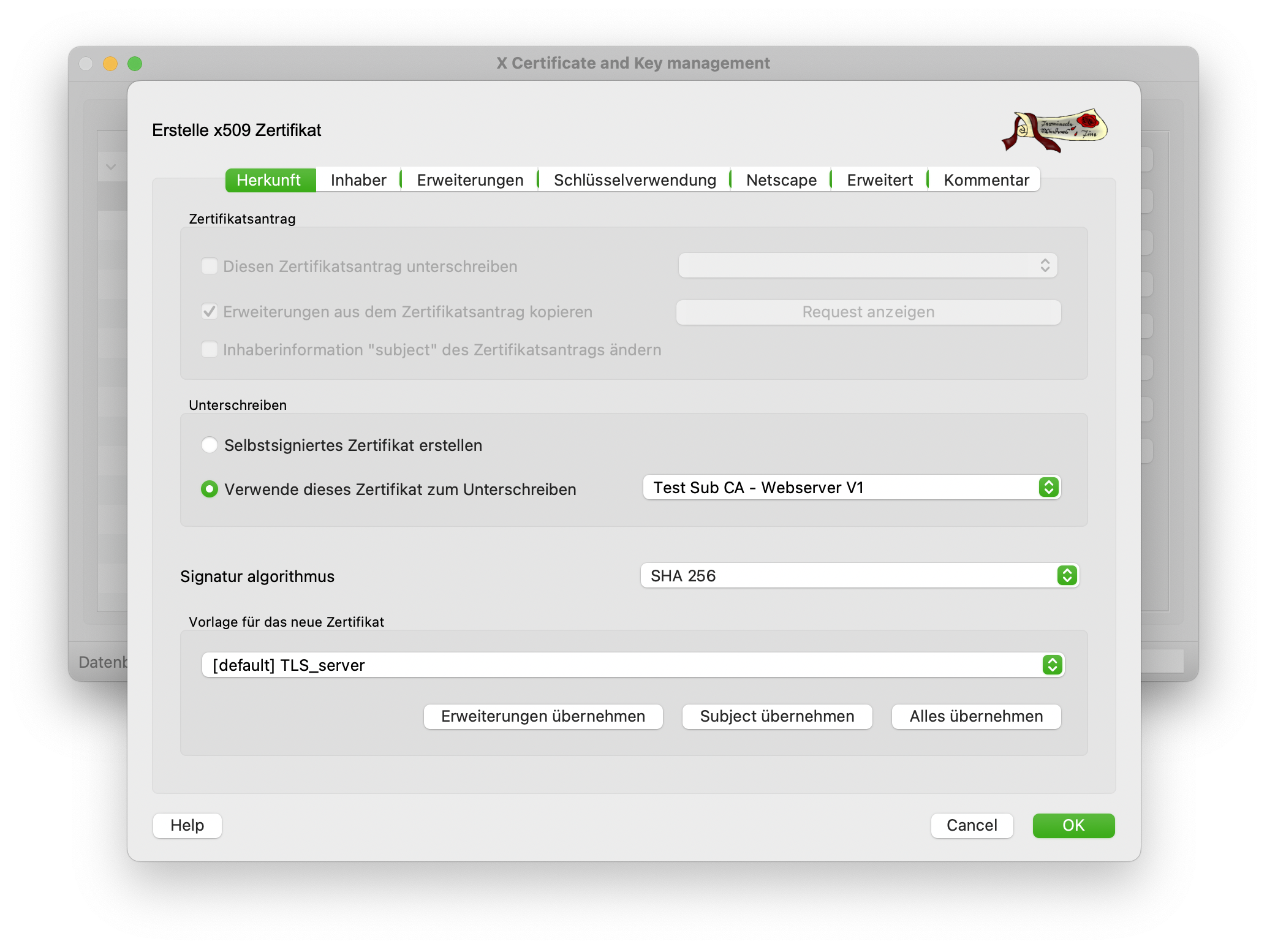 Erstellung eines Serverzertifikats von der Sub CA unterschrieben